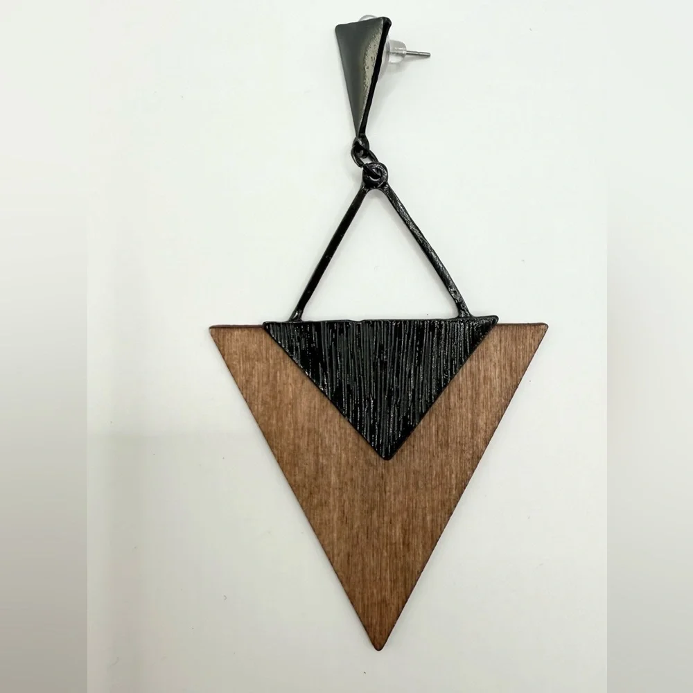 Geometric Wood & Black Triangle Drop Earrings – Boho Statement